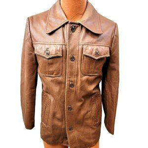 Vintage 70s Vegan Leather Jacket Men Small Brown Point Collar Casual Retro Fall